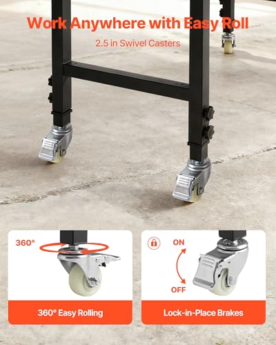 VEVOR Adjustable Workbench on Wheels, 2000 lbs Capacity, 60 x 24 Inch Oak Wood Top Workbench with Drawer & Power Outlets, Heavy-Duty Hardwood Worktable for Garage, Workshop, Home, Office, Commercial - size: Drawer Storage│Universal Wheels│60"x24"