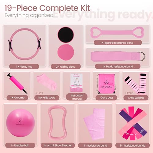 19 PCS Pilates Kit for Home Workouts - Pilates Equipment Set, 14.5" Pilates Accessories with Adjustable Wrist Weights, Pilates Ring and Ball, 5 Resistance Bands, Core Sliders, Socks