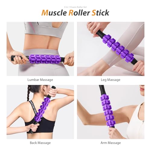 5 in 1 Foam Roller Set for Deep Tissue Muscle Massage, High Density Trigger Point Fitness Patented Exercise Foam Roller, Massage Roller, Massage Ball, Resistance Band, for Whole Body(Purple) - color: Purple