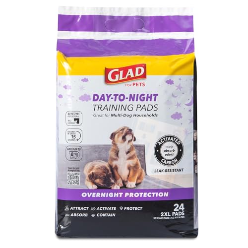 Glad for Pets Day to Night Activated Carbon Puppy Training Pads, Odor Control Disposable Dog Pads with Adhesive and Wall Protection, Leak Proof and Super Absorbent, 30 x 36 Inch, 24 Count - color: Giant, size: 30" x 36" - 24 Count