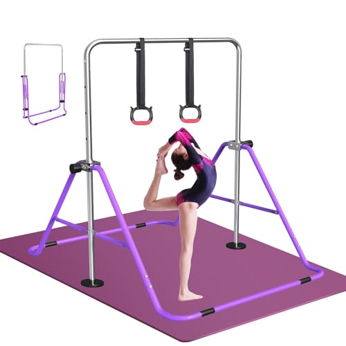 FBSPORT Gymnastics Bar for Kids Adjustable Height Gymnastic Horizontal Bar | Adjustable height, Supports up to 140 lbs, Junior Training Bar Children Folding Training Monkey Bars for Home Using - color: Purple+Mat