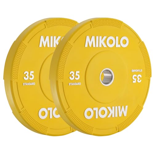 Mikolo Olympic Bumper Plates Set, 100% High-Density Low-Bounce Rubber Weight Plates with Steel Inserts, IWF Color-Coded Quiet Barbell Plates for Deadlifts, Squats & Home Gym Strength Training (Weights: 45 * 2-230LB) - style: 35LB PAIR
