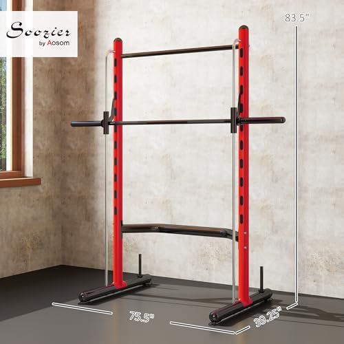 Soozier Squat Rack with Pull-Up Bar, Adjustable Power Rack with Barbell Bar, Multi-Functional Steel Bench Press Rack for Home Gym Strength Training, Black - color: Red