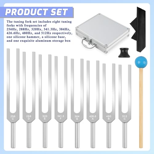 Tuning Fork Medical Sound Healing Set of 8 (256 Hz, 288 Hz, 320 Hz, 341.3 Hz, 384 Hz, 426.6 Hz, 480 Hz, 512 Hz), Unweighted Aluminum Chakra Forks with Reflex Hammer, Storage Bag and Exquisite Package - color: 8 Pcs - Silver