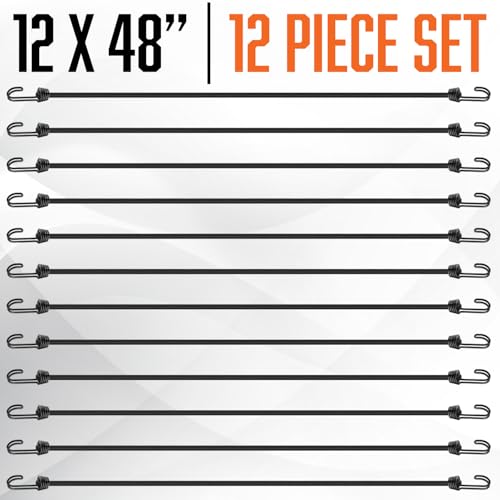Bungee Cords with Hooks 48 Inch - 12Pc Heavy Duty Outdoor 4ft Bungees | UV & Weather Resistant Strong Bungie Chords - Black Bunjee Straps 4 foot - Long Bungy Cord Set 200lb Strength - size: 48" (12 Piece)
