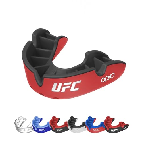 OPRO Silver Level UFC Moldable Mouth Guard Essential Fit (Red/Black) Kids Youth Boxing Mouthguard for MMA & Impact Sports, Self-Fit Mouth Guard for Sports, Football & Hockey - Includes Case - color: Ufc - Red/Black, size: Youth (Under 10)