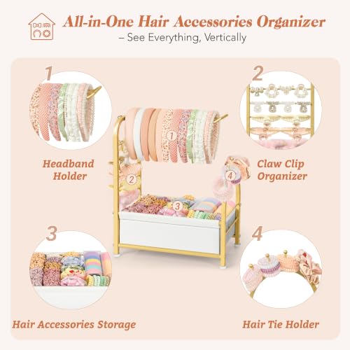 Keebofly Headband Holder Stand - Versatile Organizer for Scrunchies, Bows & Claw Clips - Compact Hair Accessories Storage for Girls, Women, Babies,Golden - color: Gold