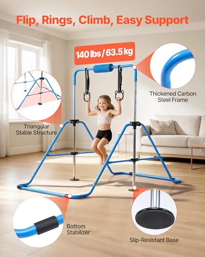 VEVOR Gymnastic Bars for Kids, 140 lbs Capacity Folding Training Kip Bar with Mat, 5 Adjustable Height Gymnastic Horizontal Bar Home, Training Equipment for Indoor Outdoor, Easy Assemble - color: Blue