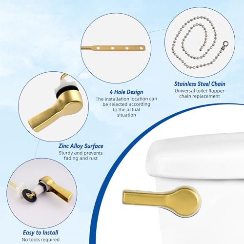 Hibbent Universal Front Mount Metal Toilet Handle Replacement Kit, Brass Toilet Tank Flush Lever with Stainless Steel Adjustable Flapper Chains for Most Toilets, Brushed Gold - color: Brushed Brass, style: Front Mount