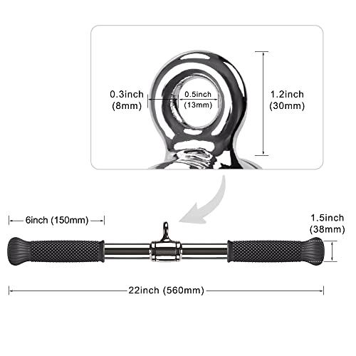 SELEWARE Rotating Straight Bar, Tricep Rope, Double D Row Handle, Rotating V Handle, Cable Machine Attachment with Non-Slip Soft Rubber Grip, Universal Attachment for Cable Machines - color: 22" Silver Rotating Straight Bar W/ Convex Rubber Handle