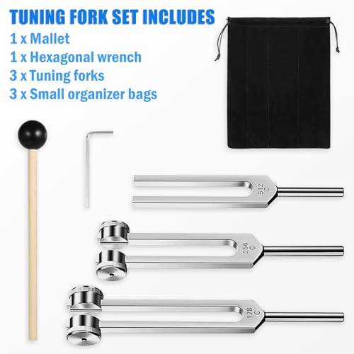 Tuning Fork Set (128Hz, 256Hz, 512Hz) of 3, Weighted & Unweighted Aluminum Forks with Reflex Hammer and Storage Bag for Chakra/Healing/Medical/Sound Therapy Instruments/Yoga/Meditation Accessories - color: 128Hz, 256Hz, 512Hz - Silver