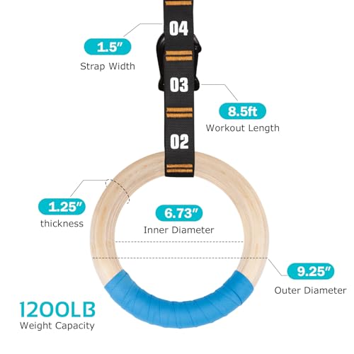 Vulken Wooden Gymnastic Rings with Adjustable Numbered Straps. 1.25'' Olympic Rings for Core Workout, Crossfit, Bodyweight Training. Home Gym Rings with 8.5ft Exercise Straps and Workout Handles.