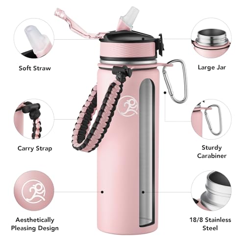 GOSWAG 24oz Insulated Stainless Steel Travel Water Bottle, 2 Lids | with straw and no straw, Paracord handle, Double-wall vacuum keeps drinks cold or hot, Leakproof tumbler - color: Matte Pink
