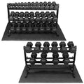 WF Athletic Supply Rubber Encased Hex Dumbbells with Rubber Grip Contoured Handle for Muscle Toning, Strength Building & Full Body Workout - color: z. 2100LB (5LB - 100LB) Dumbbell Set w/ 3-Tier Rack and Mat