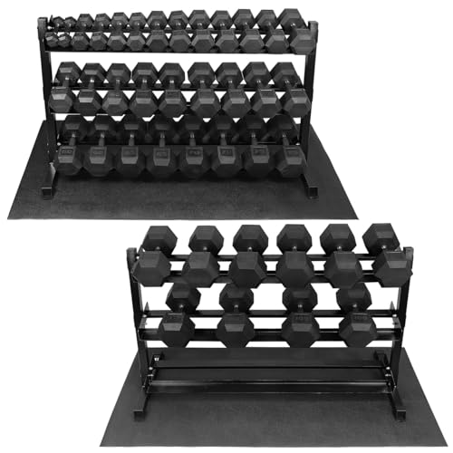 WF Athletic Supply Rubber Encased Hex Dumbbells with Rubber Grip Contoured Handle for Muscle Toning, Strength Building & Full Body Workout - color: z. 2100LB (5LB - 100LB) Dumbbell Set w/ 3-Tier Rack and Mat