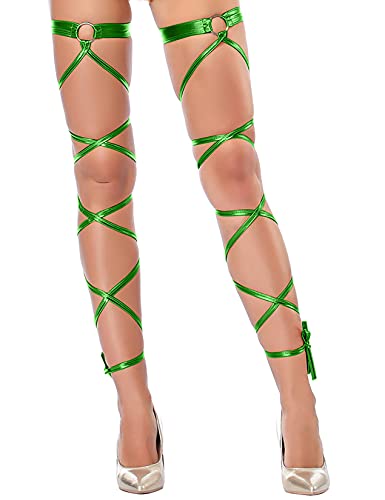 Sexy Women Leg Wraps Gothic Shiny Metallic with O-Ring Non-Slip Garter Festival Raves Dancing Party - color: Green