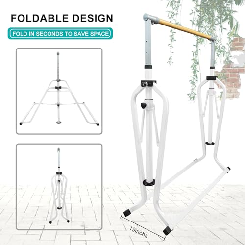 Foldable & Moveable Gymnastics Horizontal Bar with Rings,3’to 5’Adjustable Height Expandable Junior Kip Bar for Home,Indoor Gym Equipment for Kids - style: White with MAT