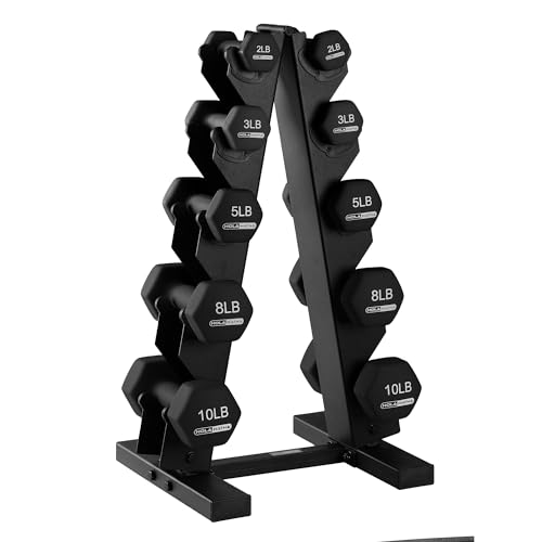 HolaHatha 1, 2 and 3 lb Neoprene Dumbbell Strength Training Weight Set with Rack - color: Black, size: 56 LB