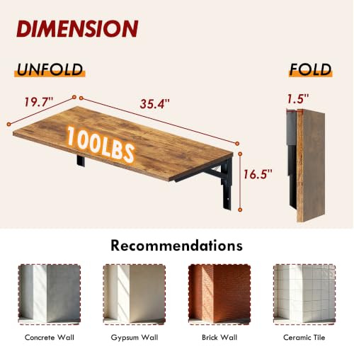 Need Wall Mounted Folding Table, 36x20 Inch Fold Down Wall Mount Desk Heavy Duty Small Folding Wall Table for Laundry, Home Office, Small Apartments, Rustic Brown & Black Frame - color: Rustic Brown Desktop & Black Shelf Brackets, size: L36" * W20"