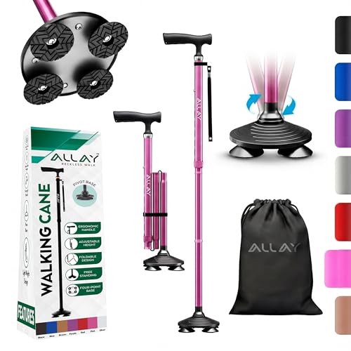 Allay Walking Canes for Men & Women - Adjustable Canes for Women for Stability, Self Standing Wide Quad Pivot Base, Light Weight, Soft Handle Grip and Travel Bag, Walking Sticks for Seniors - color: Pink