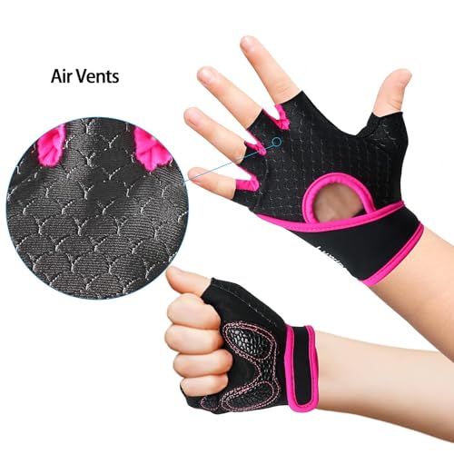 Luwint Kids Workout Gloves, Ventilated Grip Exercise Gloves for Boys and Girls Weightlifting Hanging Gym, Children 3-12 Years - color: Pink, size: Large