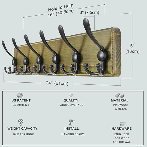 Dseap Coat Rack Wall Mounted - 24" Long 6 Tri Hooks, Heavy Duty Wooden Wall Coat Hanger Coat Hook for Clothes Hat Jacket Clothing, Weathered Green and Black - color: Weathered Green & Black, size: L=24"