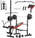 MAIDOMA 8 IN 1 Standard Weight Bench Set with Leg Extension and Leg Curl, Fast Folding & Adjustable Workout Bench for Home Gym,Adjustable Bench Press with Squat Rack.（US Stock） - color: coarl red