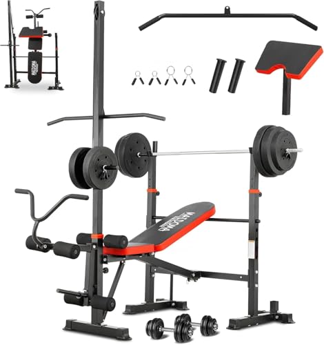 MAIDOMA 8 IN 1 Standard Weight Bench Set with Leg Extension and Leg Curl, Fast Folding & Adjustable Workout Bench for Home Gym,Adjustable Bench Press with Squat Rack.（US Stock） - color: coarl red