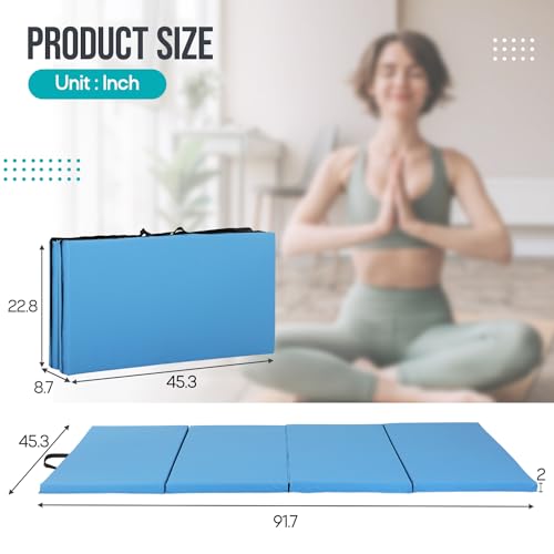 Gymnastics Mat - Tumbling & Exercise - 4 Folding - Indoor/Outdoor - Extra Thick - High Density - Yoga & Arts - color: BLUE
