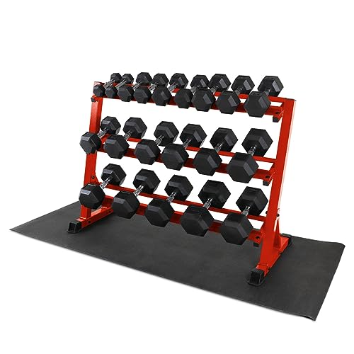 WF Athletic Supply Rubber Coated Hex Dumbbell Set, Multiple Choices Available - Dumbbells with Rack Stand and Mat, or Dumbbells Only (200/550/1200/2100/3000 LB) - color: e. 5 - 50LB w/ 3-tier RED Rack and Mat