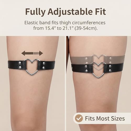2Pcs Leather Thigh Garter, Adjustable Black Thigh Straps, PU Leather Heart Garter Belt for Women, Elastic Leg Ring Garters for Cosplay Parties Music Festival