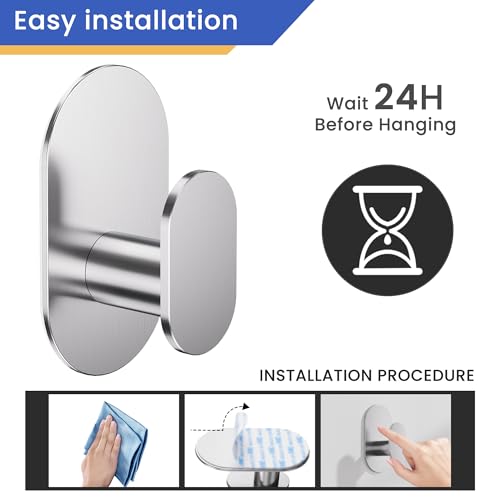 Aikzik Adhesive Towel Hooks - 26LB Heavy Duty Wall Sticky Waterproof Hooks for Hanging Coat, Towel, Robe, Wall Mount Stainless Steel Hooks for Bathroom or Kitchen (Silver, 2 Pack) - color: Silver-2