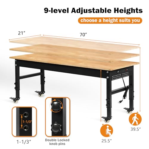 Betterhood 70" Adjustable Workbench on Wheels, 2000 LBS Heavy Duty Work Table with Power Outlets & Pegboard, Rubber Wood Workstation for Garage, Workshop, Office, Home, Commercial - size: Metal Wheels / Pegboard / Power Outlets / 70"x21"