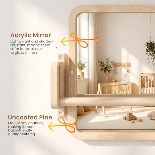 Woodtoe 4-in-1 Montessori Mirror with Bar, Adjustable Tummy Time Floor Mirror, Baby Pull to Stand Toy, Natural Unpainted Solid Wood Frame, Baby Pull Up Bar, Developmental Toys for Nursery (Large Size)