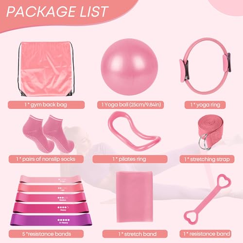 13 Pcs Pilates Essentials Kit for Women, Home Workout Equipment Set with 9.8” Ball, Magic Circle, Accessories, Perfect for Beginners to Toning & Fitness, Pink - color: Pink