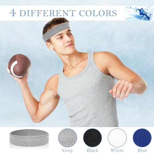 4 Pack Cotton Terry Sweat Headbands for Men Women Running Gym | 4 pack soft cotton terry headbands, Stretch 7 to 15 inches, Sweat-wicking, stays put for running, tennis, basketball & yoga - color: Black/White/Gray/Blue