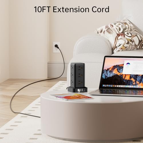 Extension Cord with Multiple Outlets, SMALLRT Power Strip Tower, PD 20W USB C, Power Strip with USB Ports 12 AC Outlets, 10FT Outlet Extender for Home Dorm, Office Supplies, Overload Protection - color: Black, size: 10 Ft without wireless charging 20W