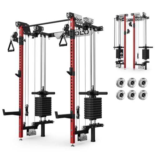 Mikolo Folding Squat Rack, Wall Mounted Power Rack with Cable Crossover Machine & LAT Pull Down, Functional Trainer with 5 Adjustable Function Modes, Home Gym Package - color: Red, size: WR02 Selector (100LB Weight Stack)