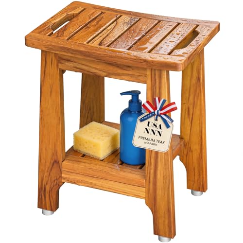 14" Compact Teak Shower Stool with Shelf & Handle - Waterproof, Non-Slip Bath Bench for Small Bathrooms/Tub/Outdoor Use, 300 lbs Capacity (Patented) - size: 14"W x 10" Dx 17"H