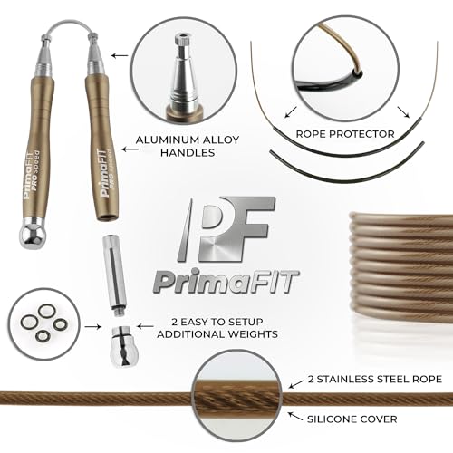 PrimaFIT Pro Speed Jump Rope for Adults, Weighted Skipping Rope for Boxing | Adjustable Jumping Rope for Fitness Workout & CrossFit Exercise, Double Unders, Handle Weights, 3m Cables 2 Protectors, Bag - color: Bronze