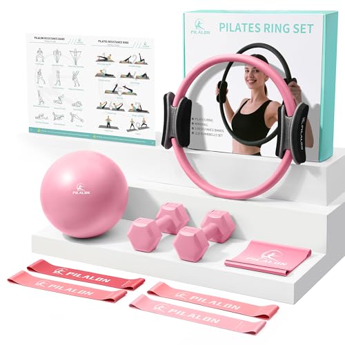 Pilates Ring Set - Studio-Grade Anti-Deformation Pilates Kit - Pilates Equipment for Home Workout - 14'' Pilates Ring, Pilates Ball, 2 Dumbbells, 5 Resistance Bands for Toning Arms, Thighs