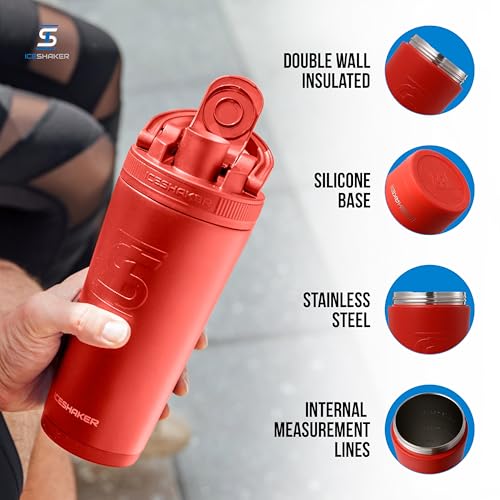Ice Shaker Insulated Stainless Steel Shaker Bottle | 26oz, Red Color Rush | Cold for 30+ Hours | Insulated Cup with Twist-on Agitator | Odor-Free Bottle for Protein Shakes, Water, Smoothies, Cocktails - color: Red Color Rush