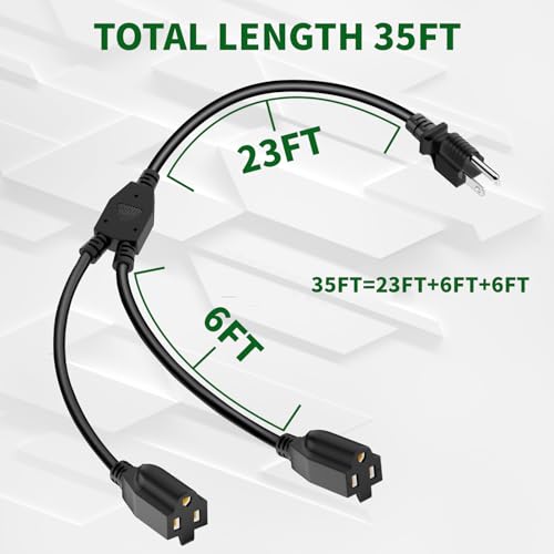 2 Way Power Extension Cord Splitter 35 Ft Total (23+6+6)-3 Prong 1 to 2 Extension Cord Cable Y Splitter-Outlet Adatper-SJTW Outdoor for Halloween Christmas Lighting Landscaping-16AWG 13A 125V-UL-1T2 - size: 35 FT