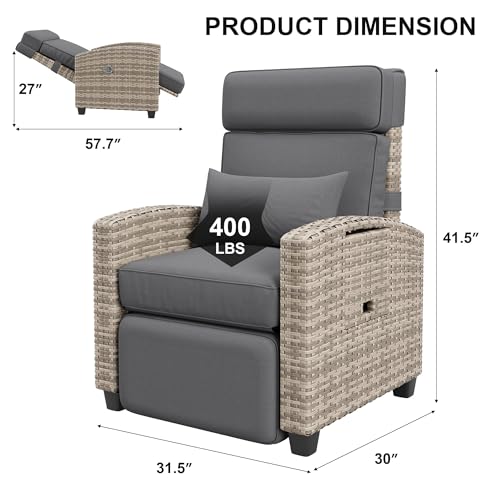GarveeLife Outdoor Recliner Chair, PE Wicker Lounge Chair with Adjustable 145° Lay-Flat Backrest, Independent Footrest & Side Table, Plush Cushion for Patio, Poolside, Backyard in Gray - color: Grey Rattan /Grey Cushion