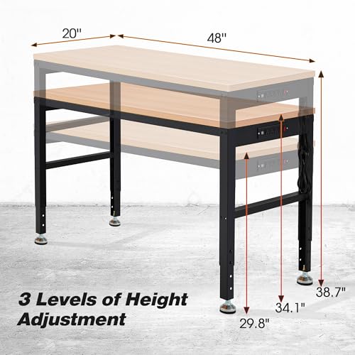 Antifir 48” Adjustable Workbench，Heavy Duty Wood Work Bench 2000 Lbs Load Capacity,Work Table with Power Outlet for Garage, Workshop, Office, Home - size: 48x20" With Socket