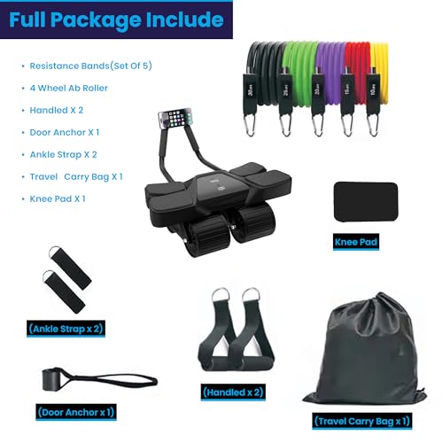 Ab Roller Home Gym Equipment – 4 Wheels Ab Wheel Muscle Roller with Built-in Tracker , 5Pcs Resistance Bands, Ankle Straps, Door Anchor, Handles, Travel Bag – Comfortable Elbow Support with Non-Slip Handles - color: Black 13-In-1 Ab Roller