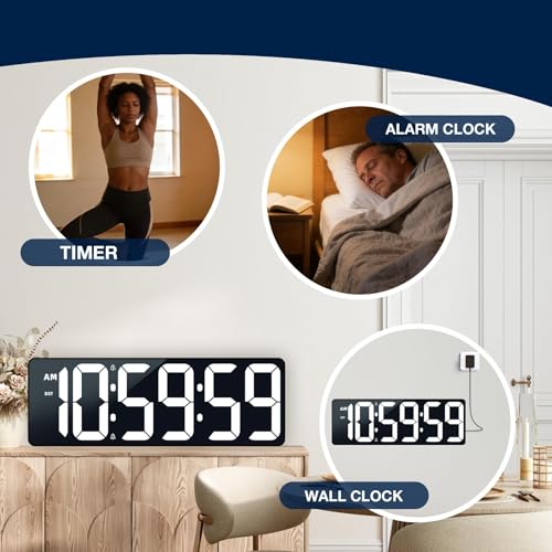 Large Digital Timer Wall Clock with Remote Control, 17.2" Count Down Up Digital Timer LED Display Auto DST Big Digital Clock for Bedroom Kitchen Living Room Office Gym Home Decor, White