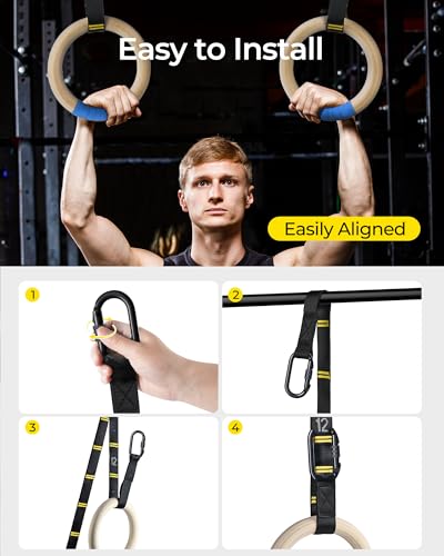 PACEARTH Gymnastics Rings 32mm Wooden Olympic Rings Support 1500lbs Locked Carabiners 9ft Double-Layer Numbered Straps Non-Slip Gym Rings with Foot Straps Door Anchor for Home Gym Full Body Workout - style: 01-1.25" Buckle Rings & Straps & Door Anchor & F
