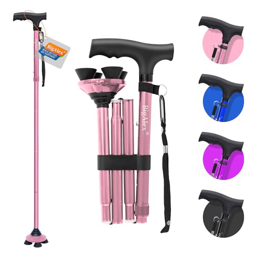 BigAlex Folding Walking Cane for Elderly Adjustable & Portable Walking Stick for Seniors,Pivoting Quad Base,Lightweight,Collapsible with Carrying Bag for Men/Woman - color: Pink(4'9"-5'6")