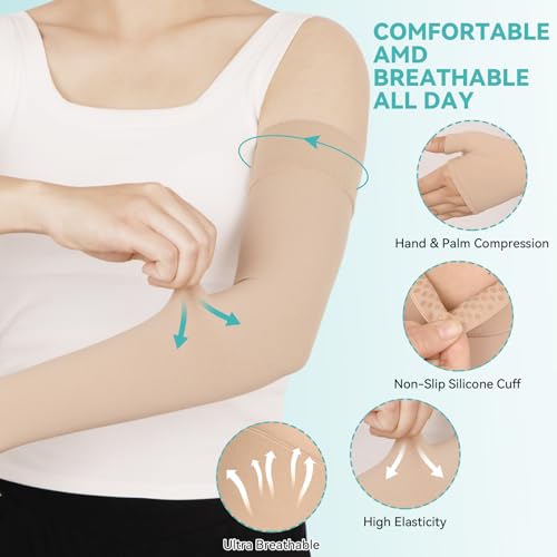 Lymphedema Compression Arm Sleeves for Women Men with Gauntlet, 20-30 mmHg Graduated Compression Full Arm Support for Arthritis, Bursitis, Edema (Single) - color: Beige(Single), size: Large